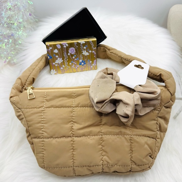 Puffer Quilted Nylon Material Hand Bag in tan with card case wallet Bundle - Picture 2 of 10
